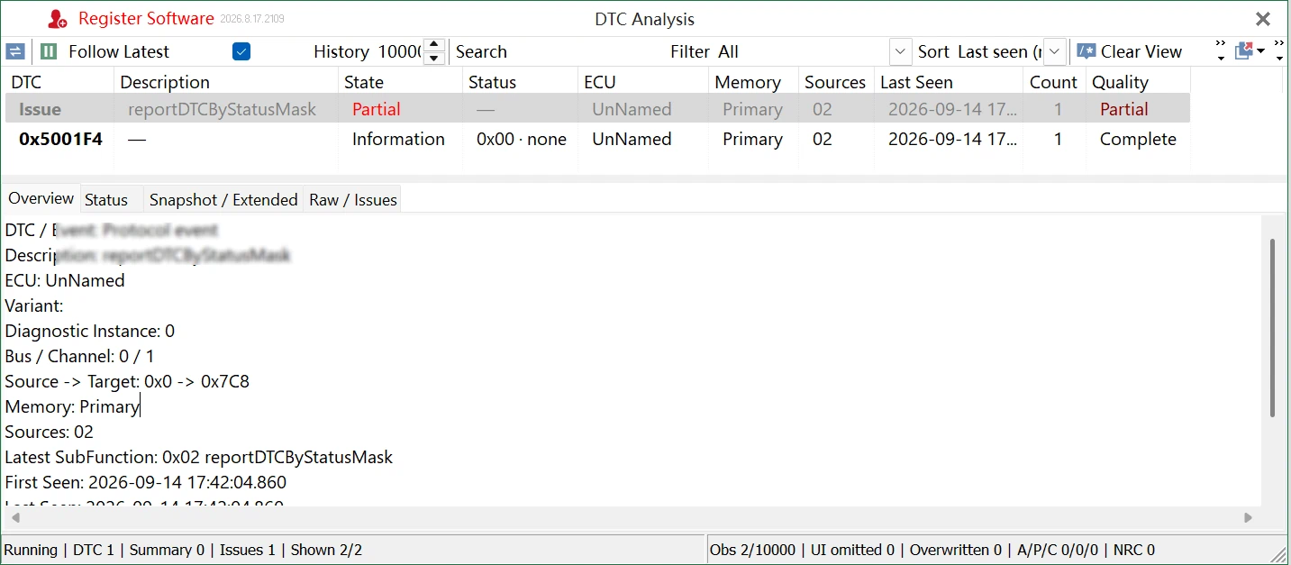 Getting Started with TSMaster DTC Analysis: A Practical Guide 1 TSMaster DTC Analysis main window showing a list of diagnostic trouble codes