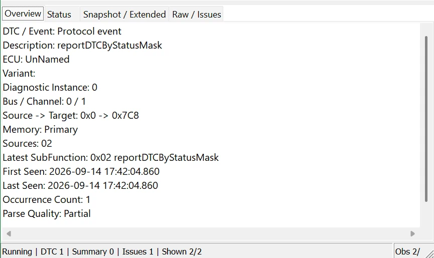 Getting Started with TSMaster DTC Analysis: A Practical Guide 17 TSMaster DTC Analysis Overview tab showing DTC event details