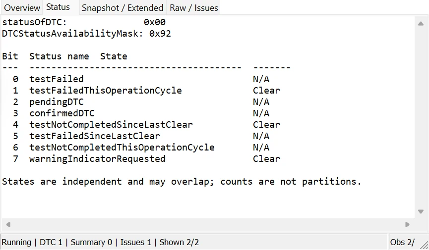 Getting Started with TSMaster DTC Analysis: A Practical Guide 19 TSMaster DTC Analysis Status Byte tab showing statusOfDTC bit parsing