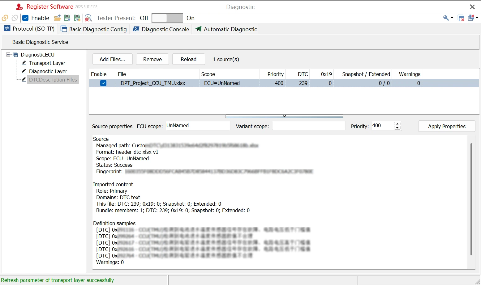 Getting Started with TSMaster DTC Analysis: A Practical Guide 27 Loading a DTC description file in the TSMaster Basic Diagnostic module