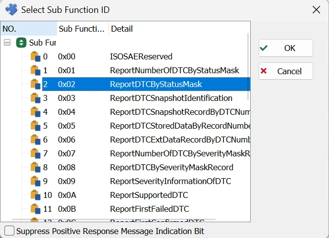 Getting Started with TSMaster DTC Analysis: A Practical Guide 37 Selecting a $19 service sub-function ID in TSMaster Basic Diagnostic