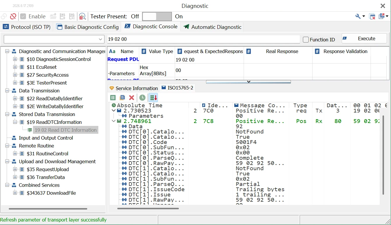 Getting Started with TSMaster DTC Analysis: A Practical Guide 39 Executing a $19 service in the TSMaster Basic Diagnostic console