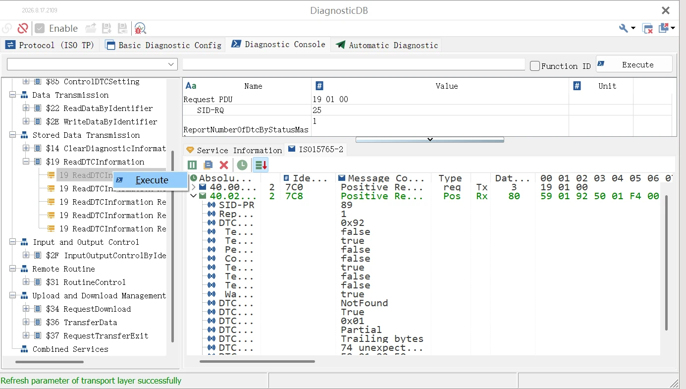 Getting Started with TSMaster DTC Analysis: A Practical Guide 43 Executing a $19 service in the TSMaster Database-Based Diagnostic console