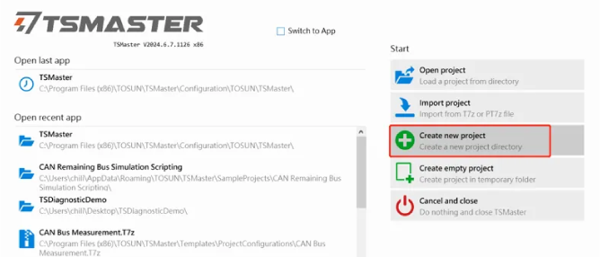 Open TSMaster and select "Create New Project"